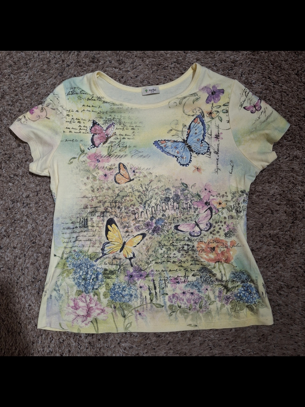 Vintage Cactus Y2K All Over Print Butterfly Graphic Short Sleeve Tee - Size L
